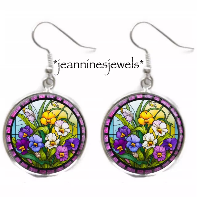 Pansy Earrings Flowers Pansies FAUX Stained Glass Art Print Silver Charm Dangle