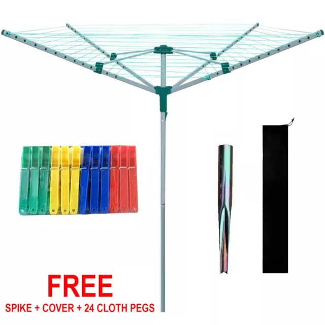 Rotary Airer 4 Arm 50M Outdoor Clothes Garden Washing Line Dryer Spike & Cover