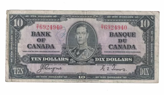Bank of Canada 1937 $10 Coyne-Towers D/T 6924940 Writing/Tiny Pinholes