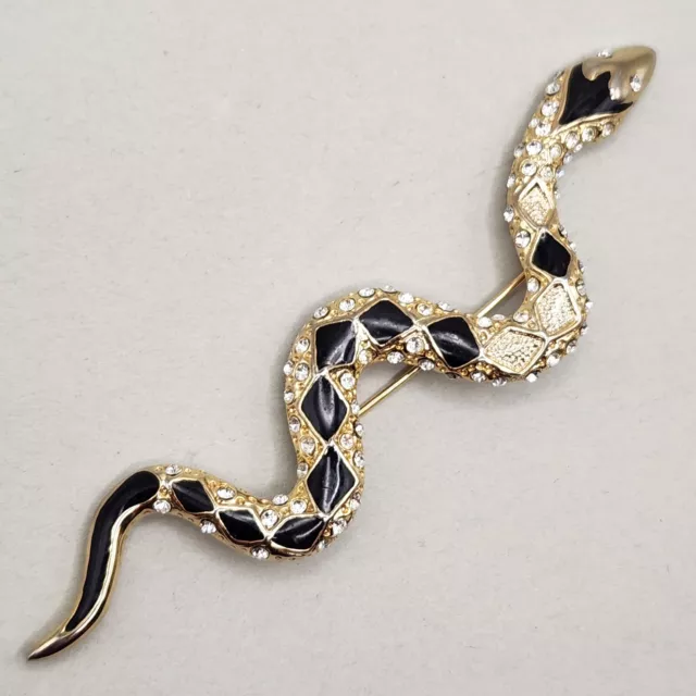 Broche de Colección Negro Diamondback Serpiente Grande 4" Tono Dorado Estrás Esmalte Serpiente