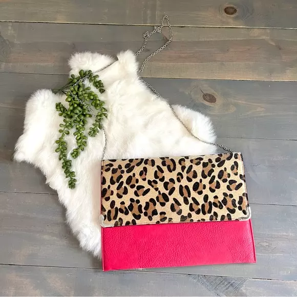 Leopard Print Faux Fur & Red Faux Leather Convertible Clutch Shoulder Bag Purse