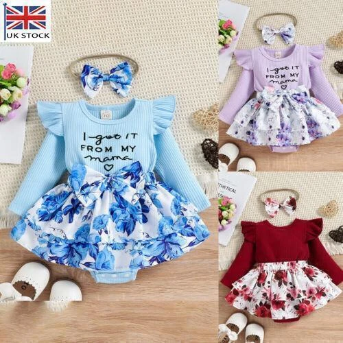 2PCS Infant Baby Girl Floral Ribbed Ruffle Romper Dress Headband Outfits Clothes
