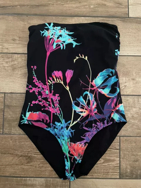 M&S Swimming Costume Size 12 14 Tummy Control Padded Strapless Abstract Floral