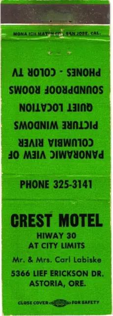 Crest Motel Hiway 39 at The City Limits Astoria, Oregon Vintage Matchbook Cover