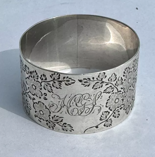 Victorian Antique HM 1890 Sterling Silver  Engraved &Monogram Floral Napkin Ring