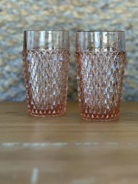 Vintage Pink Indiana Glass Diamond Point Tumblers Set of 6, 6" Tumblers 2