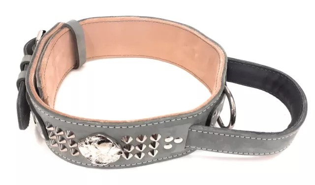 Grey Heavy Duty Leather Dog Collar with American Bulldog Head Motif and Handle