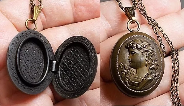 Rare Vulcanite Locket Carved (Inside, Out) 1890 Black Brown Cameo w/ Curls, Bows
