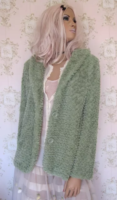 Rare! Vtg 90s Y2K Teddy Fluffy Fleece Sheepskin Fur Hood Parka Jacket Coat Green