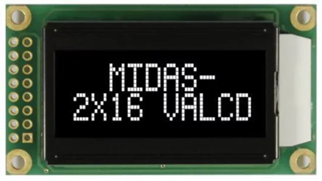 Midas MC20805A12W-VNMLW MC20805 Alphanumeric LCD Display Black, 2 Rows by 8 Char