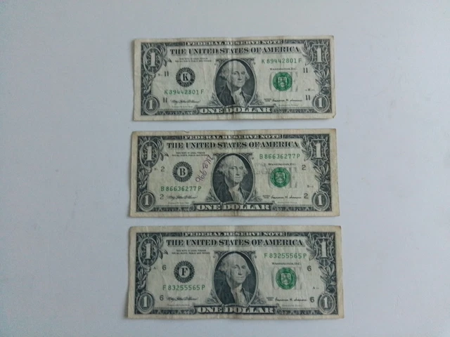 3 x OLD UNITED STATES ONE DOLLAR BANKNOTES..  SERIES 1999..