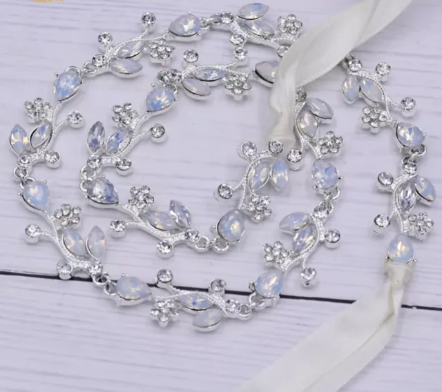 Bridal Wedding Bridesmaid Dress Thin Opal Crystal Chain Sash Belt Ivory Ribbon