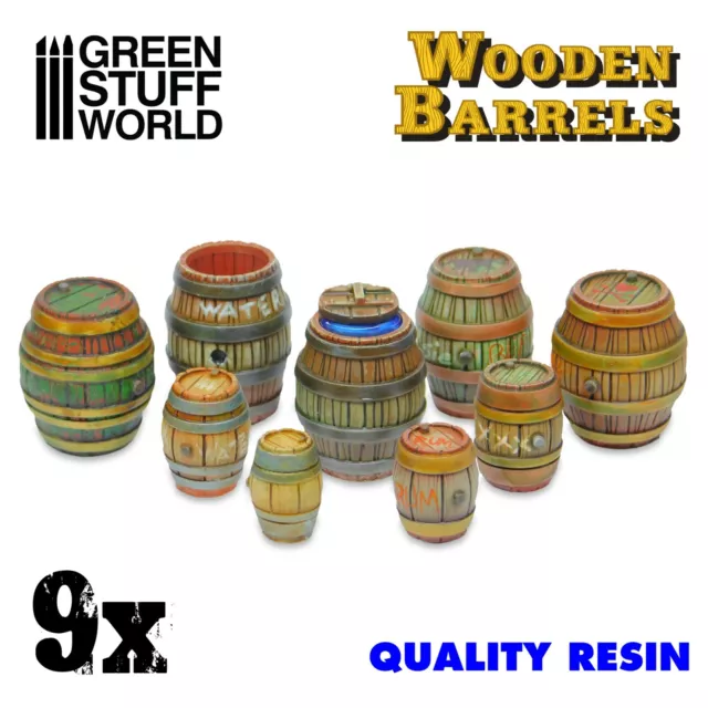 9x Barriles de madera en Resina - Dioramas, infinity, Wargames, campo de batalla