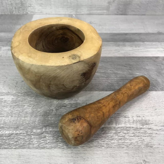 Round Pestle Mortar Set Olive Wood Tunisian Rustic Herbs Spices Garlic Grinder