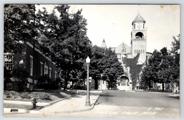 Crystal Falls MI Courthouse Past Post Office From 5th St~8 O'Clock~1940s RPPC