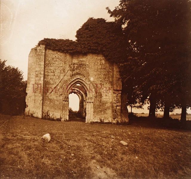 FRANCE Champlieu Priory Notre-Dame c1930 Photo Stereo Glass Plate Vintage 
