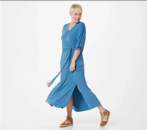 Haute Hippie Tribe Knit Maxi Fringe Dress Slate Blue L New