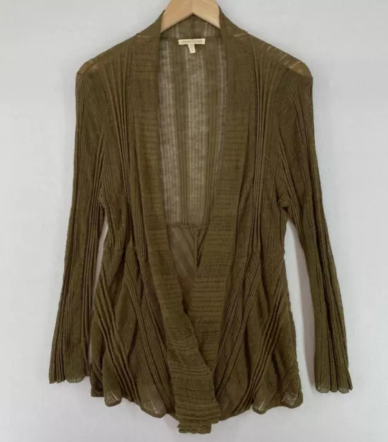 EILEEN FISHER Cardigan M Cotton Linen Ribbed Sheer Open Front Long Sleeve Olive