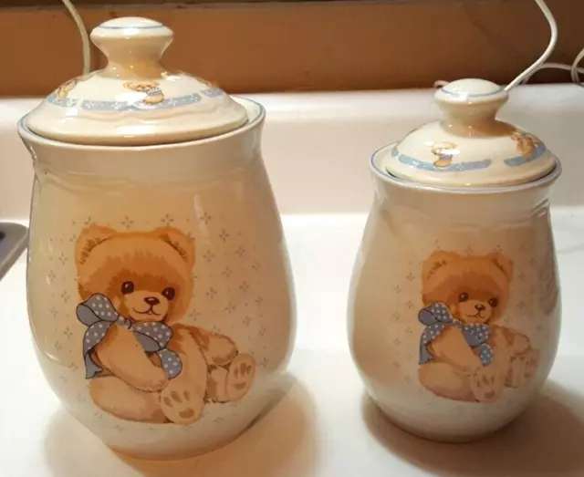 Tienshan Stoneware Theodore Country Bear ~ 2 Kitchen Cannister Jars w Lids