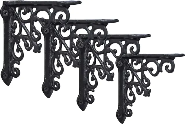 NACH Victorian Antique Black Shelf Bracket, Wall Mount Cast Iron Shelf Brackets,