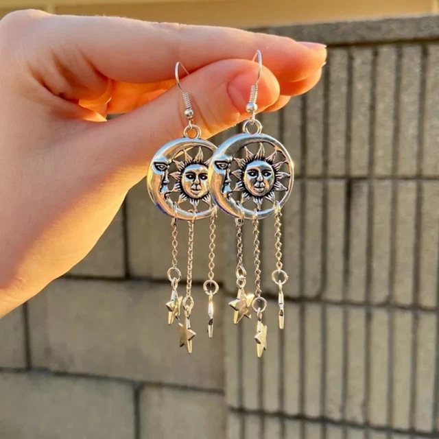 Miss Match Sun and Moon Star Drop Silver Color Earrings