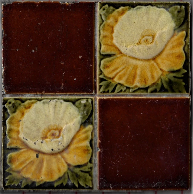 Antique Victorian 6.25" Fireplace Tile Art Nouveau Floral Duet