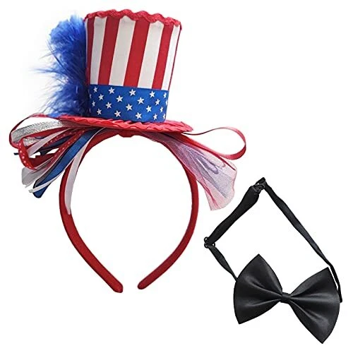 4th Of July Uncle Sam Headband Bow Tie Mini Top Hat Independence Day Feather