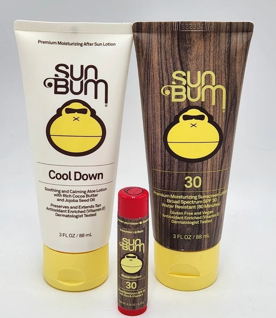 Sun Bum Premium Moisturizing Sunscreen Lotion Cool Down Aloe Lip Balm 3 oz 3 Lot