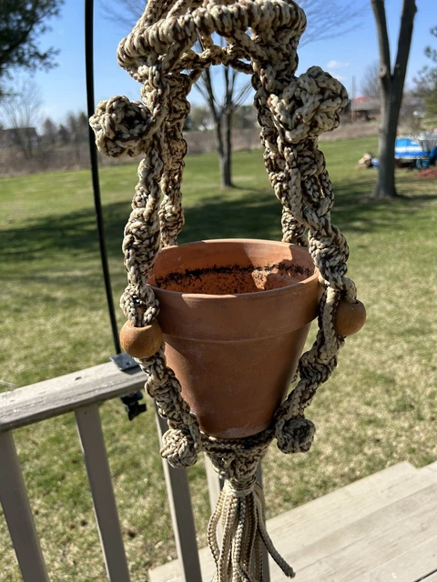 Vintage Natural Macrame Beaded Plant Hanger Flower Pot Holder 31”
