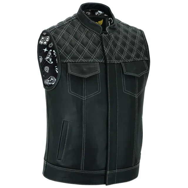 Groove Club Men's Black Leather Motorcycle Vest Traditional Paisley Satin Liner
