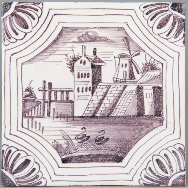 Nice Dutch Delft manganese fine painted tile, windmill and swans, 18th. century.