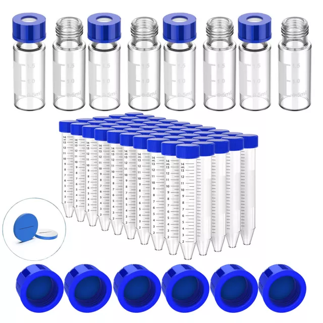 15mL Centrifuge Tubes Caps 100x 2mL Autosampler Clear Vials Pre-slit Screw Caps