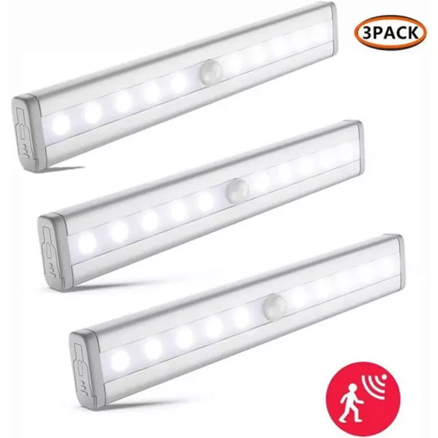 3pcs Réglette Lampe 10 LED Détecteur Mouvement Veilleuse Placard cuisine Escalie