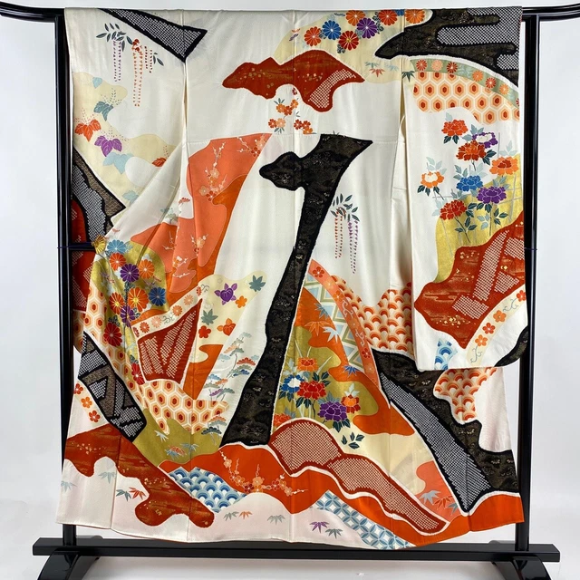Japanese Silk Kimono Vintage Furisode Gold Kiku Pine, Bamboo Plum Cream 60"