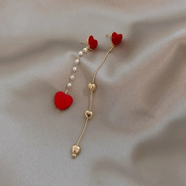 Red Heart Pearl Long Tassel Red Earrings Stud Dangle Women Christmas Jewellery