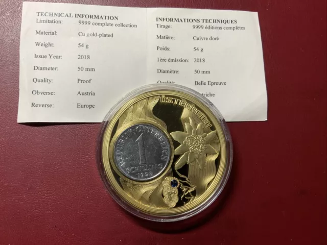 Österreich Medaille 2018 PP/vergoldet/Swarovski mit Inlay 1 Schilling (40)