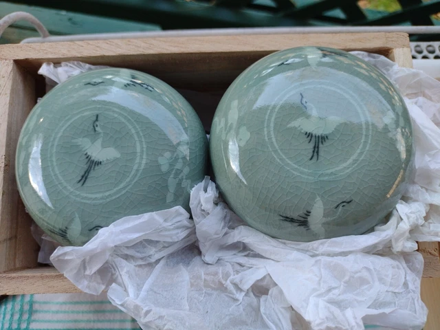 Wooden Box Handmade for Two Japanese Tea Cups, Lids and Strainers with Cranes.