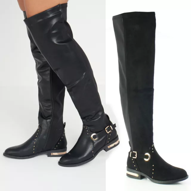 Womens Ladies Over The Knee Stretch Thigh High Boots Flat Zip Up Low Heel Shoes