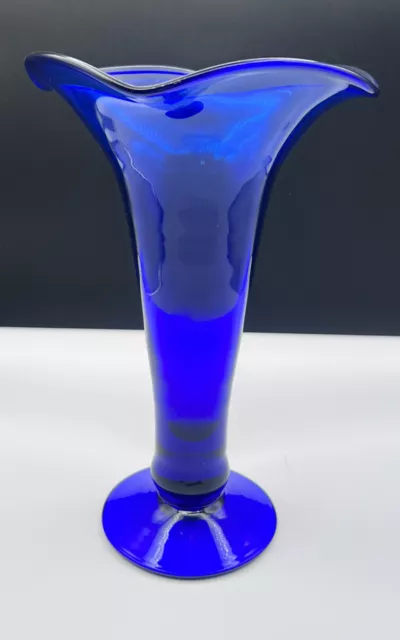 Signed Richard Blenko 11.5" Trumpet Vase  Cobalt Blue 2000