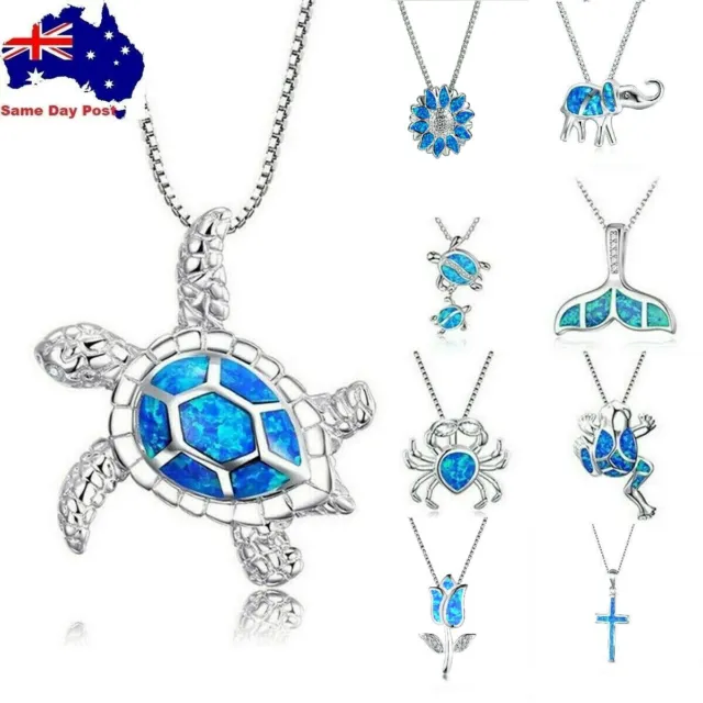 New Cute Sea Animal Turtle Pendant Necklace Silver Faux Fire Opal Love  Chain