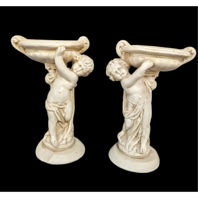 vintage glazed ceramic pottery cherub angel pillar figurine  10" tall home decor