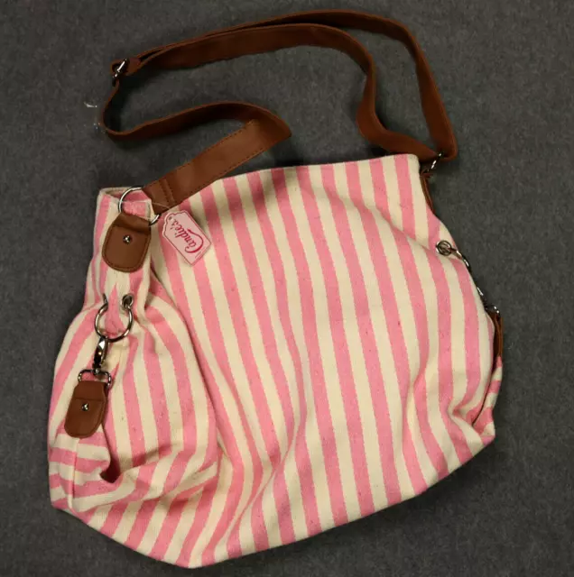 Candie's Canvas Textile Slouch Hobo Bag Shoulder & Crossbody Pink & White Stripe