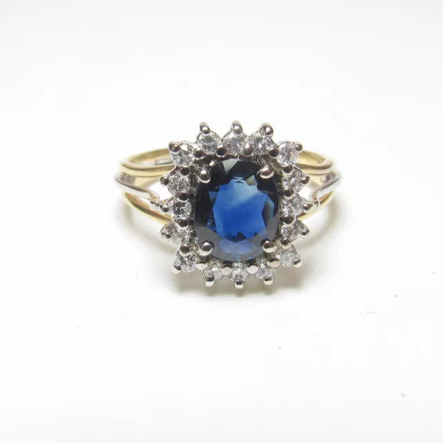 14K Yellow And White Gold 1.15 Ct Natural Navy Blue Sapphire Diamond Halo Ring