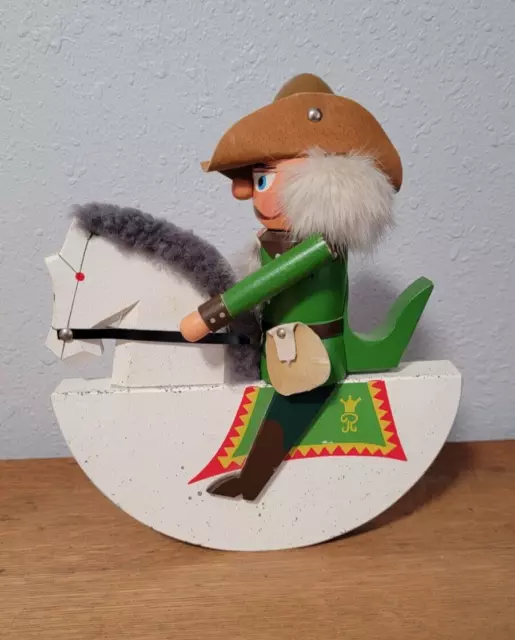 Vintage Wooden Erzgebirge Soldier Nutcracker Riding A White Rocking Horse