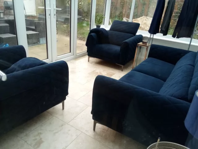 3 Piece Suite  3 seater velvet sofa And Two Large Matching Arm Chairs, navy blue