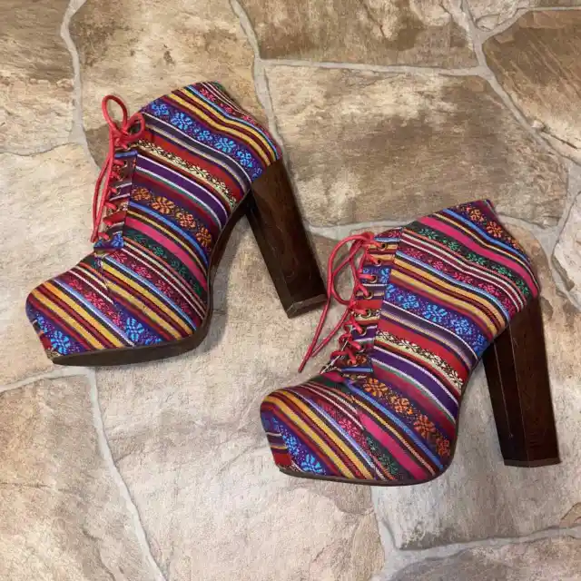 Serape Mexican Blanket Print Lita Style Lace-up Block Heel Platforms Booties, 10
