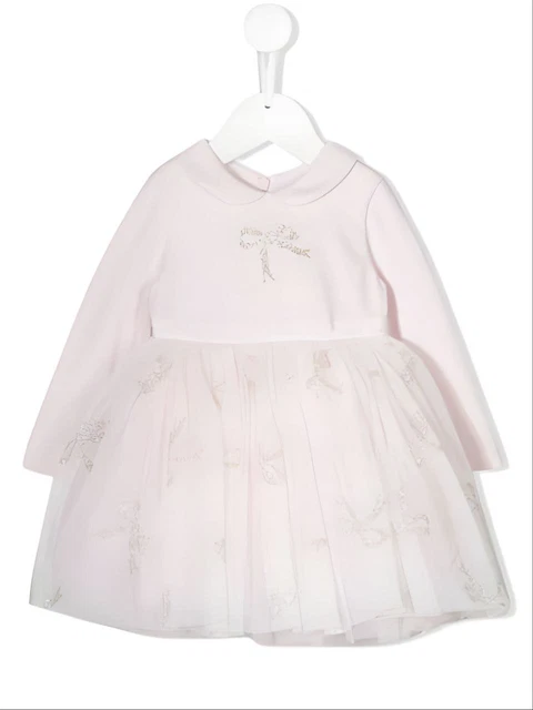 MONNALISA Bambina Glitter Rosa Fiocco Abito Manica Lunga #734900AI 24 Mese Nwt