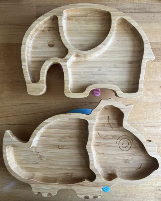 Pequeñas placas de succión de bambú para comedor para niños 28 cm estilo dinosaurio y elefante