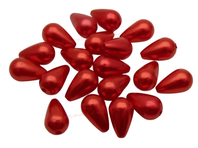 20 Pcs Red Acrylic Faux Pearl Teardrop Beads 16mm x 9mm Jewellery Drop i277