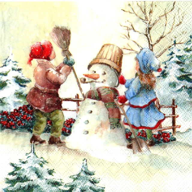 Serviettes en papier Noël enfants dans la neige. Napkins Christmas children snow